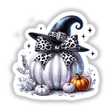 Leopard Coquette Bow Witch Hat Pumpkin featuring a white pumpkin adorned with a black hat and a black bow. Available as stickers or digital artwork from Decal Venue.