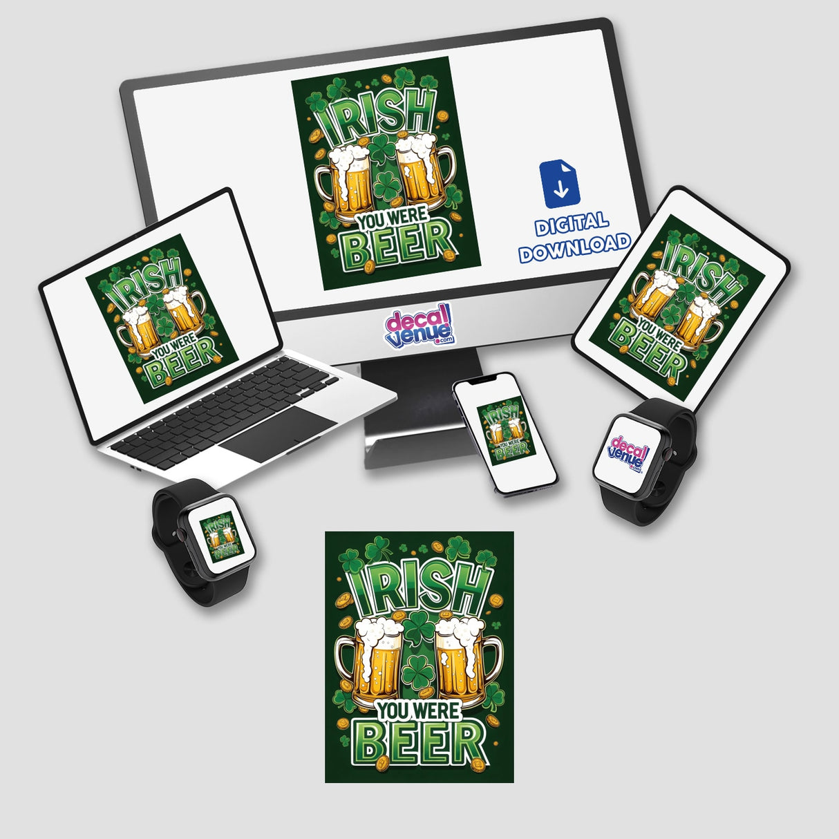 Festive Irish Design featuring beer mugs, shamrocks, and gold coins displayed on a computer monitor and laptop, available as stickers or digital artwork from Decal Venue.