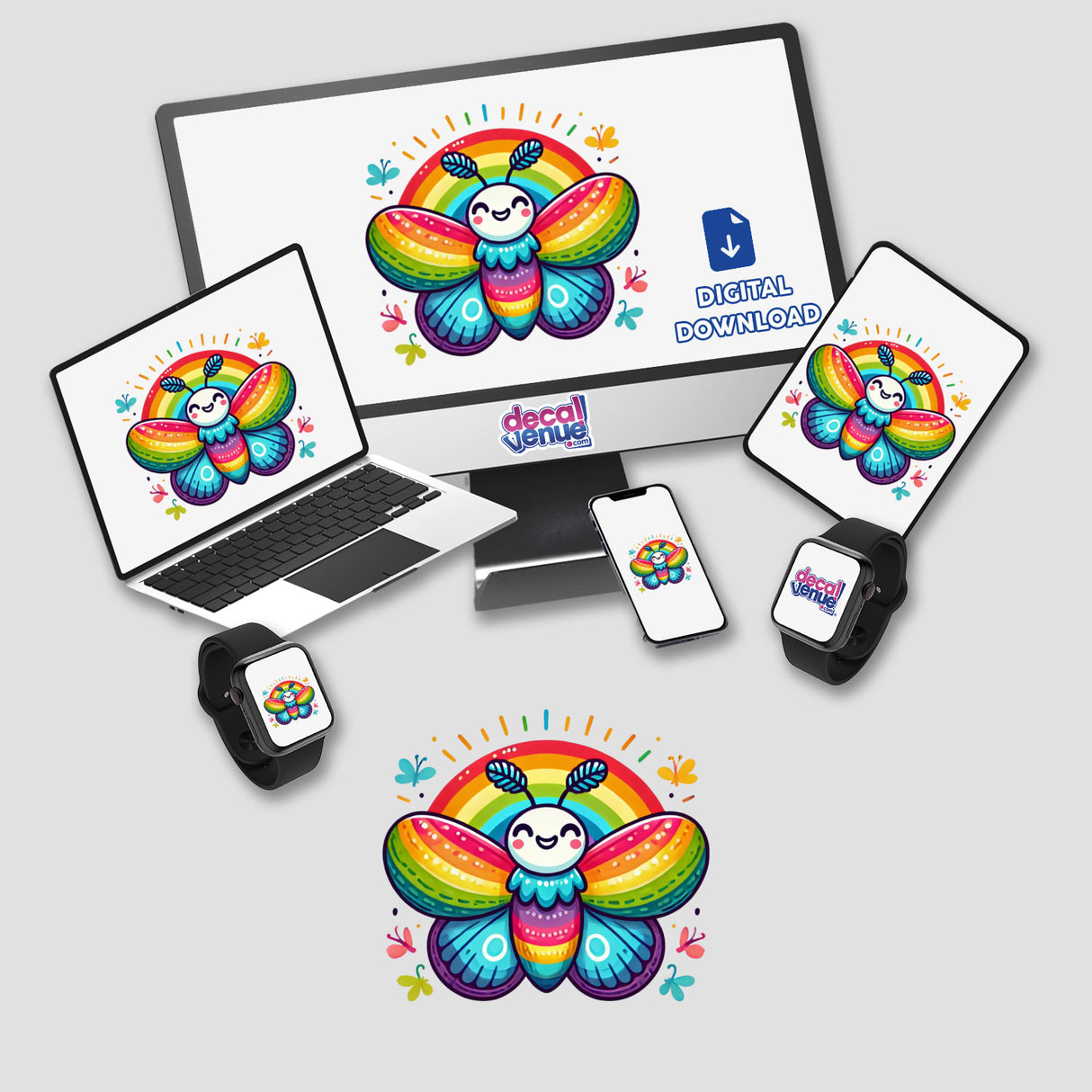 Computer monitor and laptop displaying a digital artwork titled Colorful Rainbow Moth, featuring a vibrant butterfly against a rainbow backdrop, available as stickers or digital artwork.