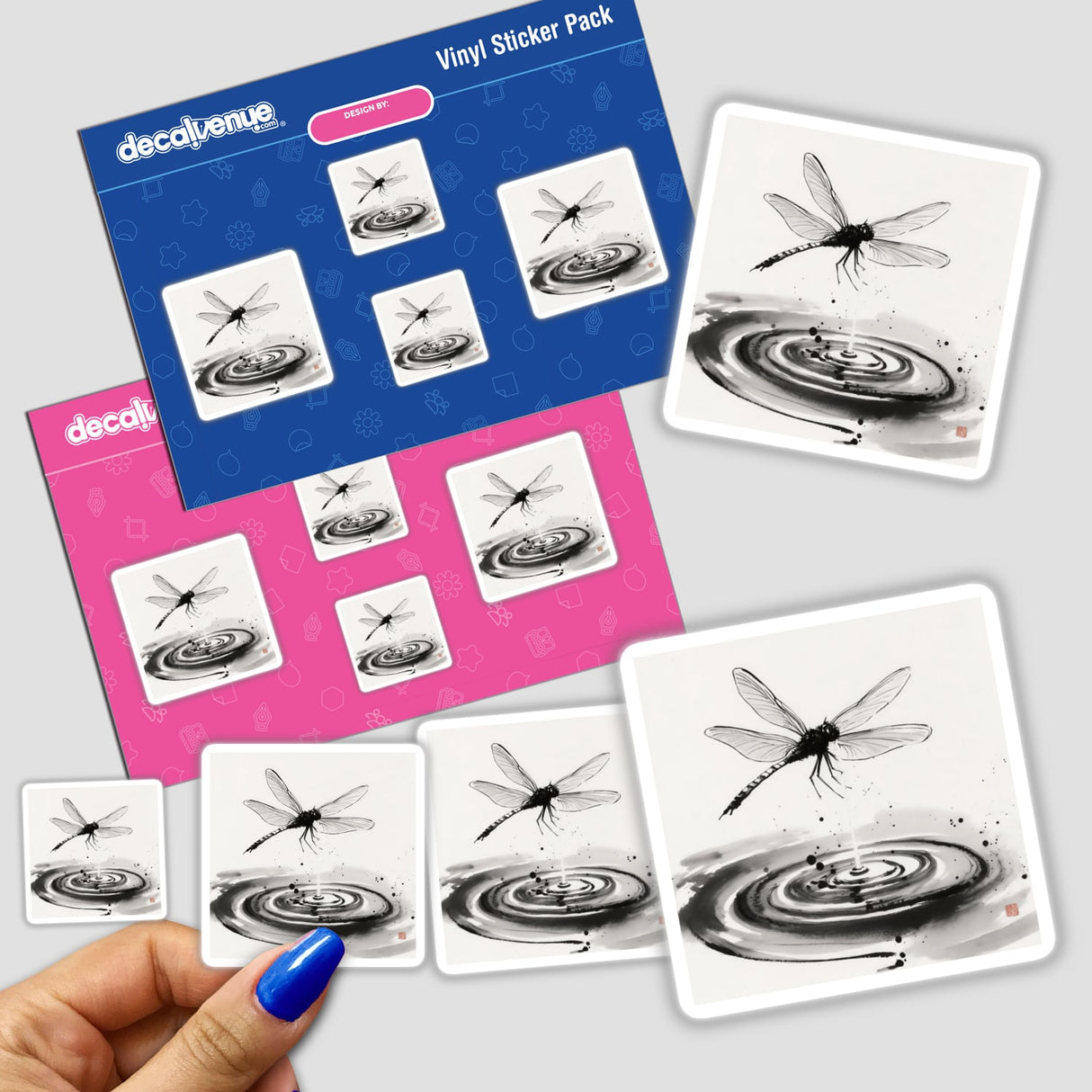 Dragonfly Over Water Sumi-e Japanese Watercolor Scene, available as detailed stickers or digital artwork, capturing a serene dragonfly hovering over rippling water in traditional Sumi-e style for Decal Venue.