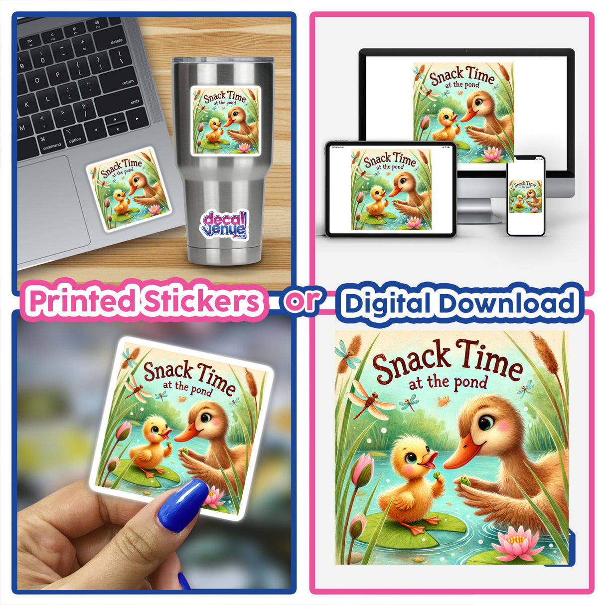 Snack Time at the Pond with Ducklings - a collage features stickers and digital downloads, showcasing whimsical duck and dragonfly illustrations, ideal for personalized decoration or digital art.