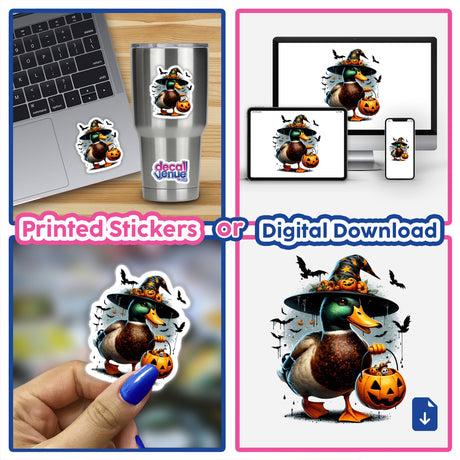 Halloween Mallard Duck Witch II stickers or digital artwork featuring a duck wearing a witch hat and holding a pumpkin basket, perfect for Halloween-themed decor or crafts.