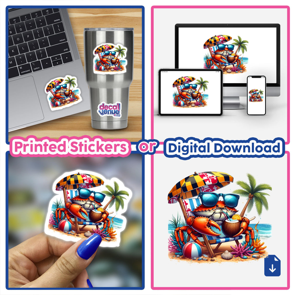Tropical Blue Crab on Beach Sipping Coconut Drink II as vibrant stickers on a laptop and tumbler, or digital art on devices, showcasing options from Decal Venue for unique decor.