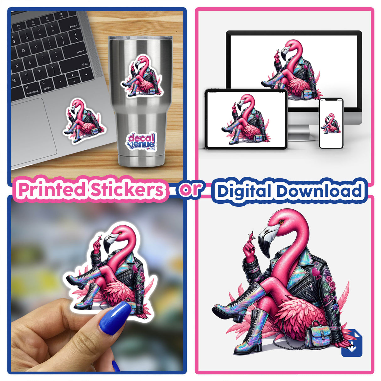 Flamingo Cool Biker Chic sticker or digital art featuring a stylish flamingo in biker gear, embodying a unique and edgy design from Decal Venue's distinctive collection.