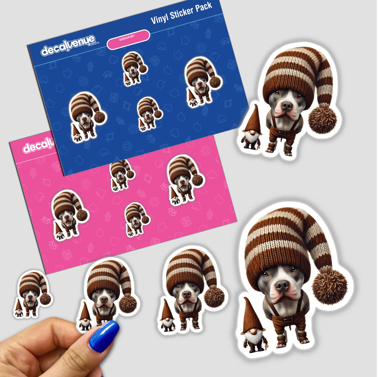 Pitbull Gnome with Chew Toy sticker featuring a dog in a knitted hat and suspenders, a playful gnome, and other whimsical dog illustrations. Available as physical stickers or digital artwork.