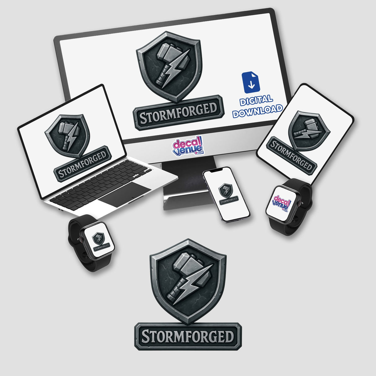 Stormforged – RPG-Style Skill Badge features a silver and gray thunder hammer crest, embodying fantasy craftsmanship, available as unique stickers or digital artwork from Decal Venue.