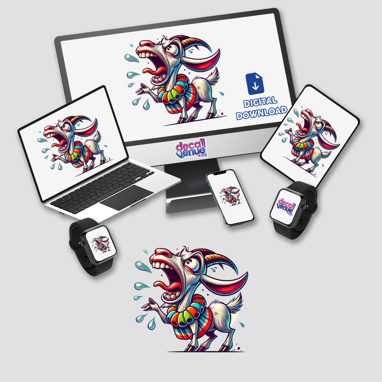 Overdramatic Goat Yelling: A computer monitor and laptop display cartoon goats with exaggerated expressions, available as stickers or digital artwork from Decal Venue.