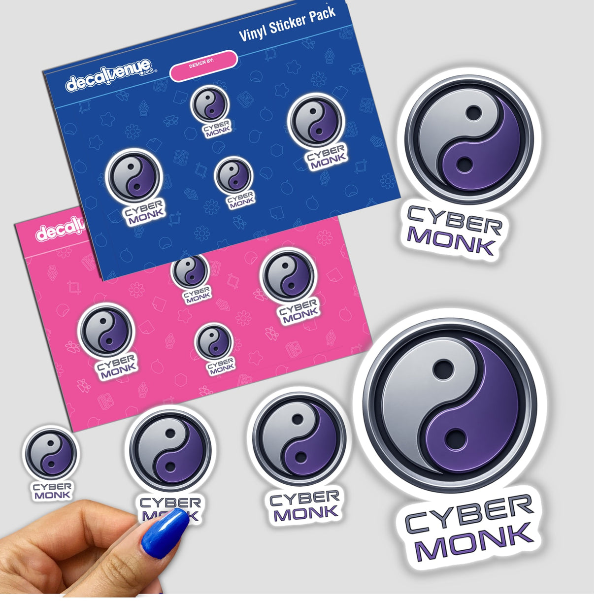 Cyber Monk – RPG-Style Skill Badge (Silver & Violet Digital Yin-Yang) featuring intricate design elements, offered as detailed stickers or digital artwork, embodying Decal Venue's unique artistic style.