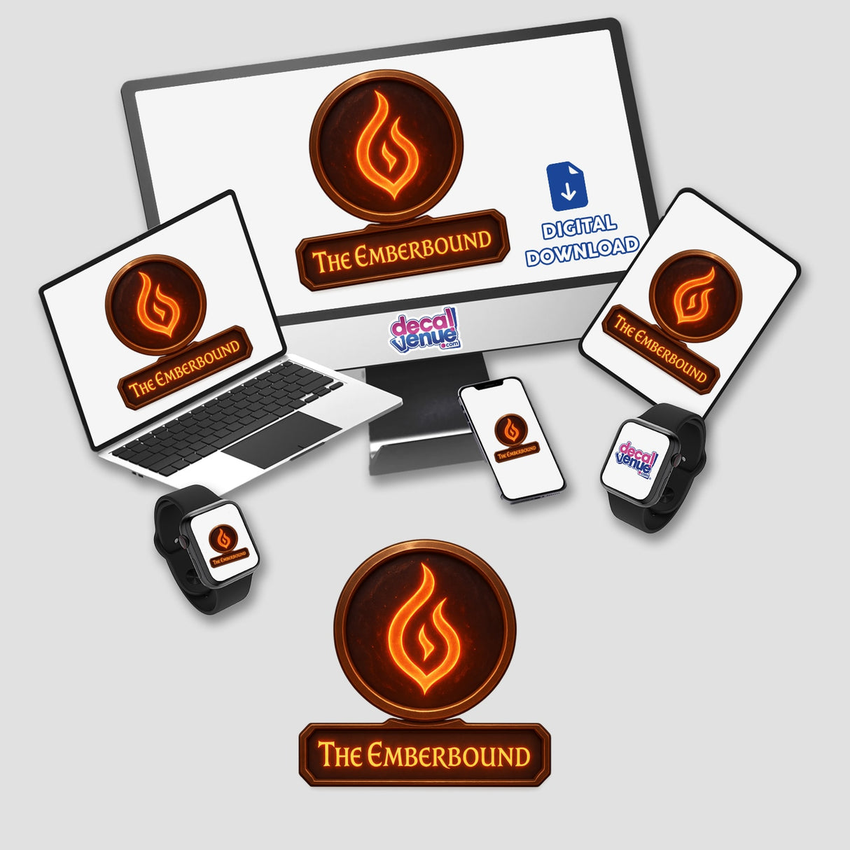 The Emberbound – RPG-Style Skill Badge showcases a Bronze Flame Rune Emblem, available as a sticker or digital artwork, ideal for fans of unique vinyl decals and digital art.
