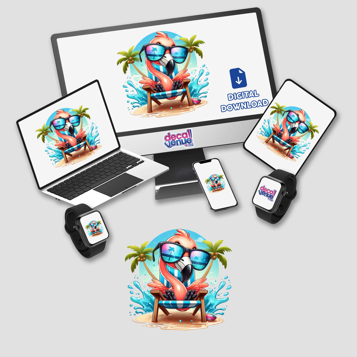 Tropical Flamingo in Beach Chair design featured on a computer monitor, laptop, and smartwatch. Available as stickers or digital artwork, perfect for adding a playful touch.