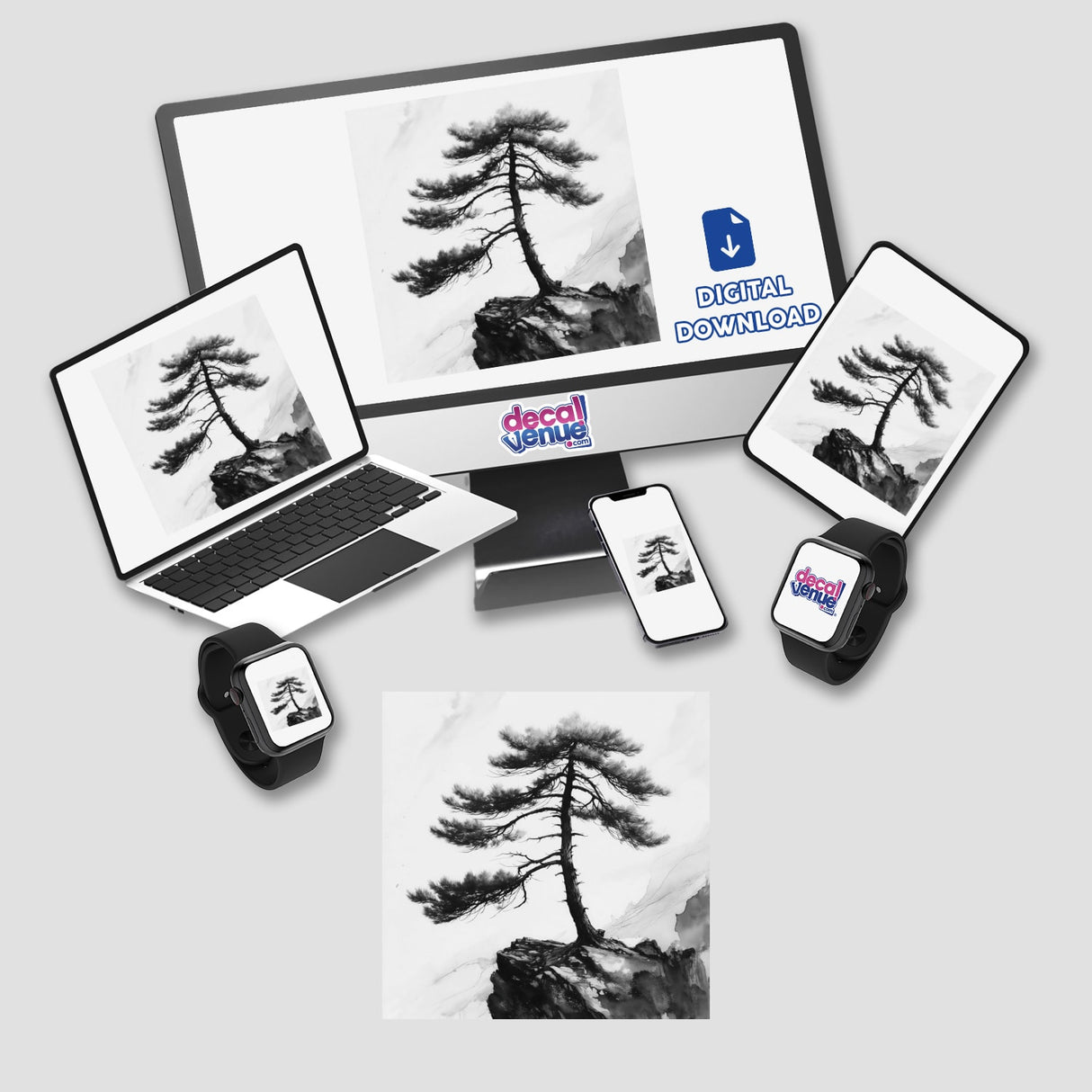 Sumi-e Pine Tree on Cliffside Minimal Japanese Landscape Art, available as stickers or digital artwork, portrays a serene cliffside with a lone pine tree, capturing traditional Japanese aesthetics.
