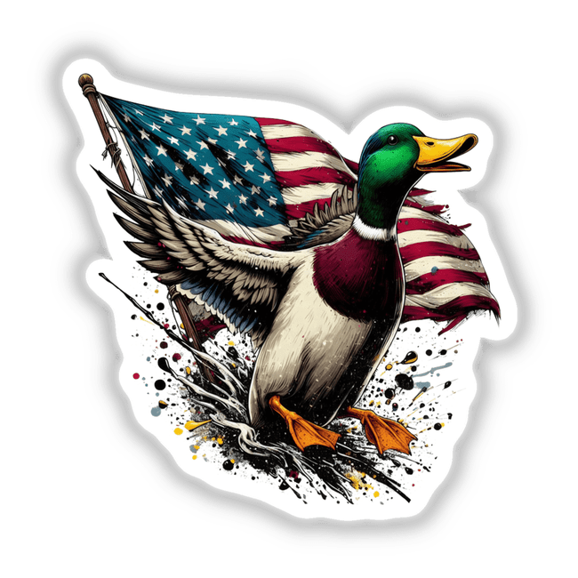 Mallard Duck American Flag Splatter: A digital artwork featuring a duck holding a flag, available as stickers or digital art, capturing unique wildlife essence, ideal for those seeking distinctive vinyl designs.