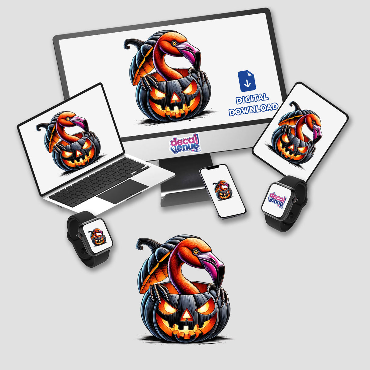 Colorful peeking flamingo in a carved pumpkin Halloween digital artwork displayed across various electronic devices