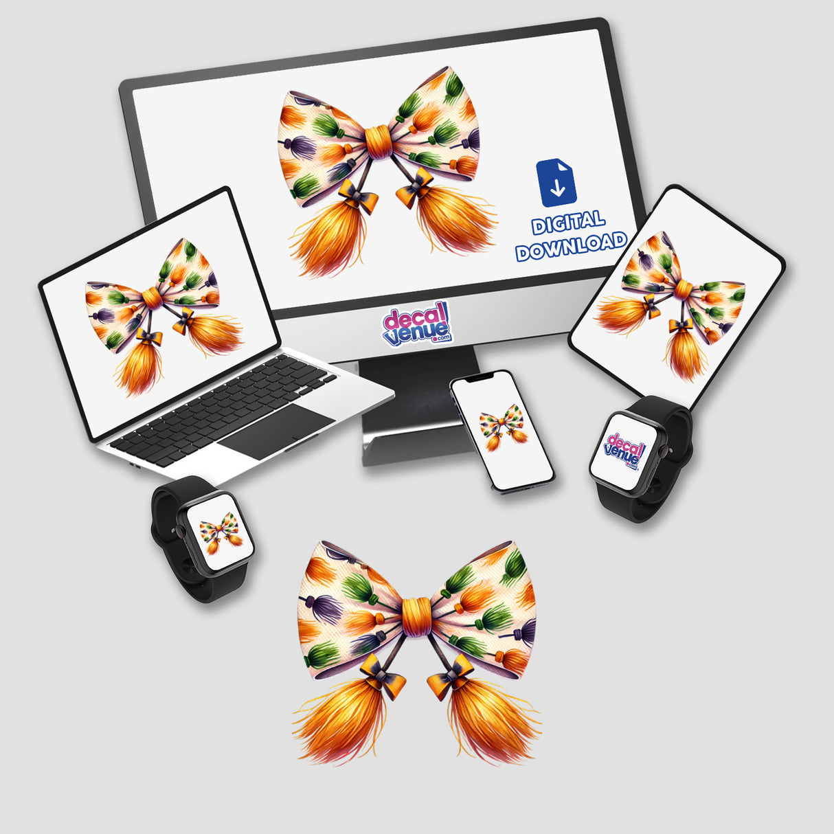 Witch Broom Pattern Coquette Bow featured on a computer monitor and laptop screen, available as stickers or digital artwork.