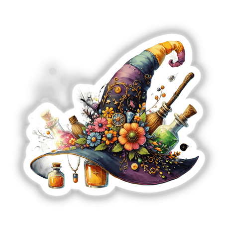 Halloween Hat with Potion Bottles design featuring floral elements and whimsical details, available as stickers or digital artwork from Decal Venue.