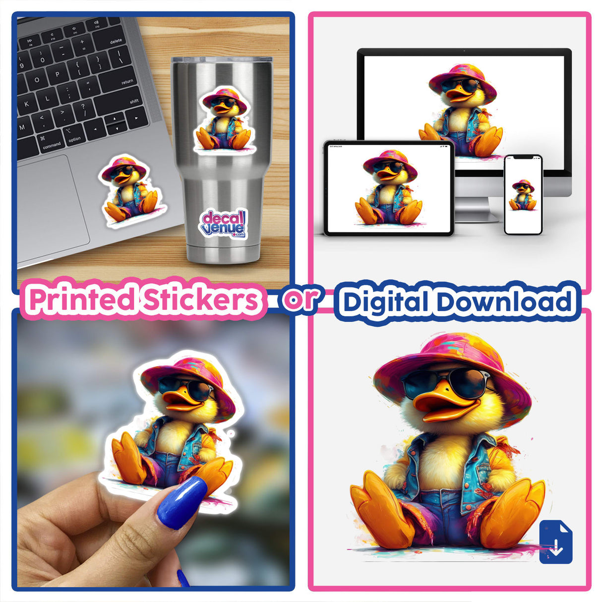 Stylish Duck sticker featuring a cartoon duck wearing a hat and sunglasses, shown on a laptop. Available as stickers or digital artwork.