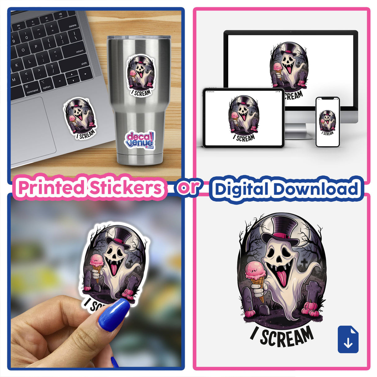 Spooky Halloween skull with ghostly expression on product images including stickers, digital download, and merchandise