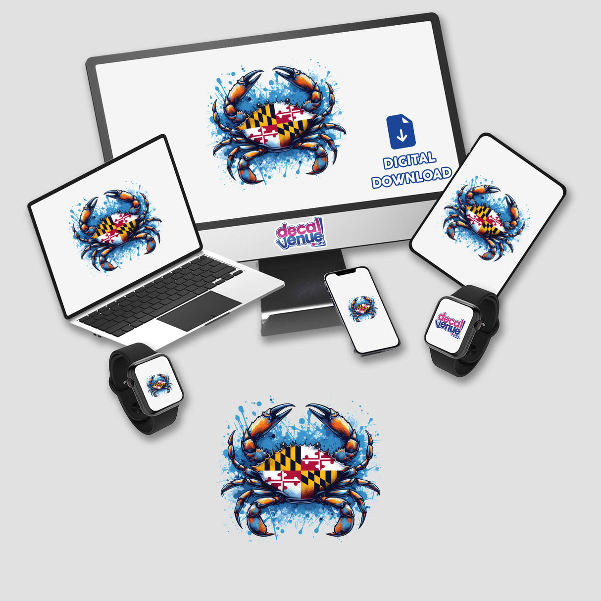 Colorful digital artwork depicting a Maryland blue crab with a splash of vibrant colors, displayed on various electronic devices including a laptop, smartphones, and a smartwatch. The Decal Venue logo is visible, indicating this is a digital product available for download from their store.