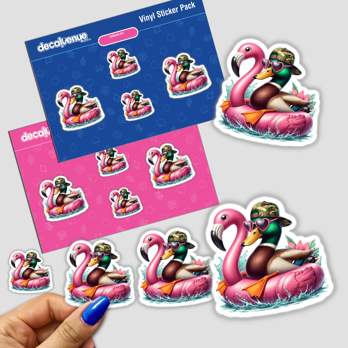 Camo Mallard Duck in Flamingo Float sticker pack, featuring cartoon ducks lounging on pink flamingo floats, perfect for unique vinyl art from Decal Venue.