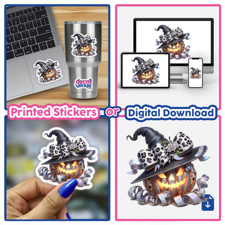 Glowing Light Halloween Pumpkin Leopard Coquette Bow & Ribbon - Digital artwork depicting a festive pumpkin with a leopard print bow and ribbon, surrounded by a glowing light effect.