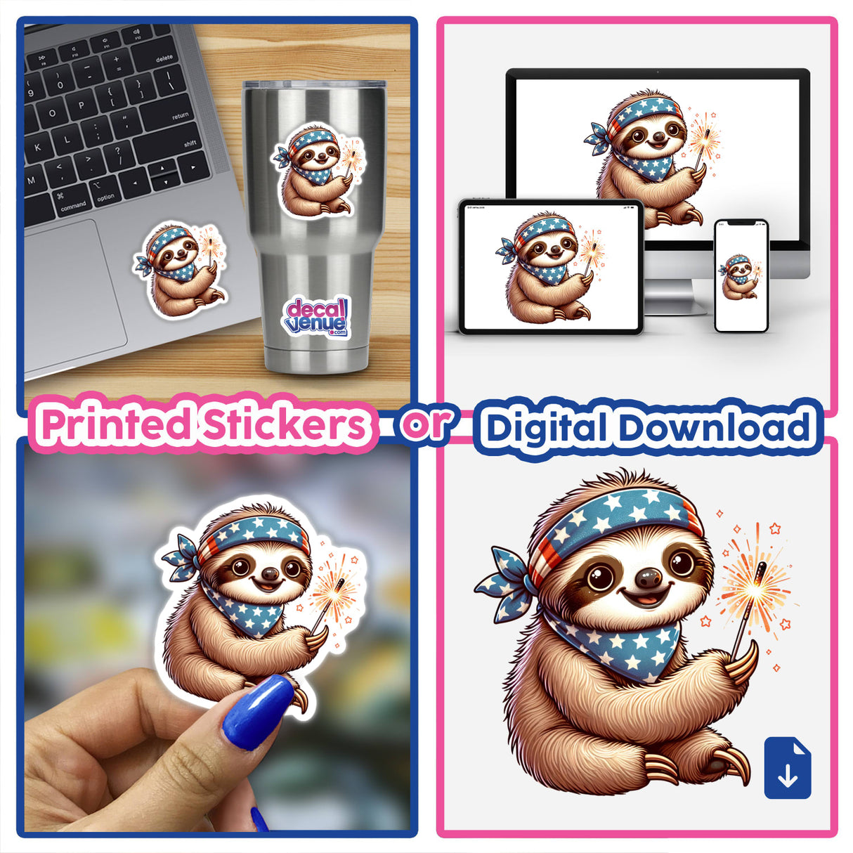 Patriotic Sloth Wearing Bandana Holding Sparkler