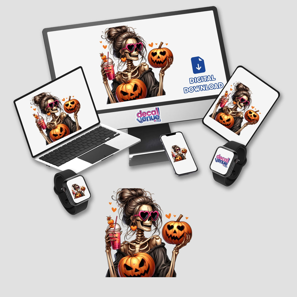 Spooky Halloween skeleton mama with pumpkins digital artwork available as stickers or digital download format