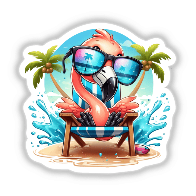 Tropical Flamingo in Beach Chair: A cartoon flamingo wearing sunglasses, sitting in a chair on a beach, with a palm tree and splashing water, available as stickers or digital artwork.