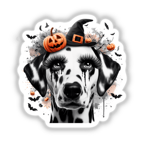 Spooky Halloween Dalmatian Dog with pumpkins on its head, available as stickers or digital artwork.