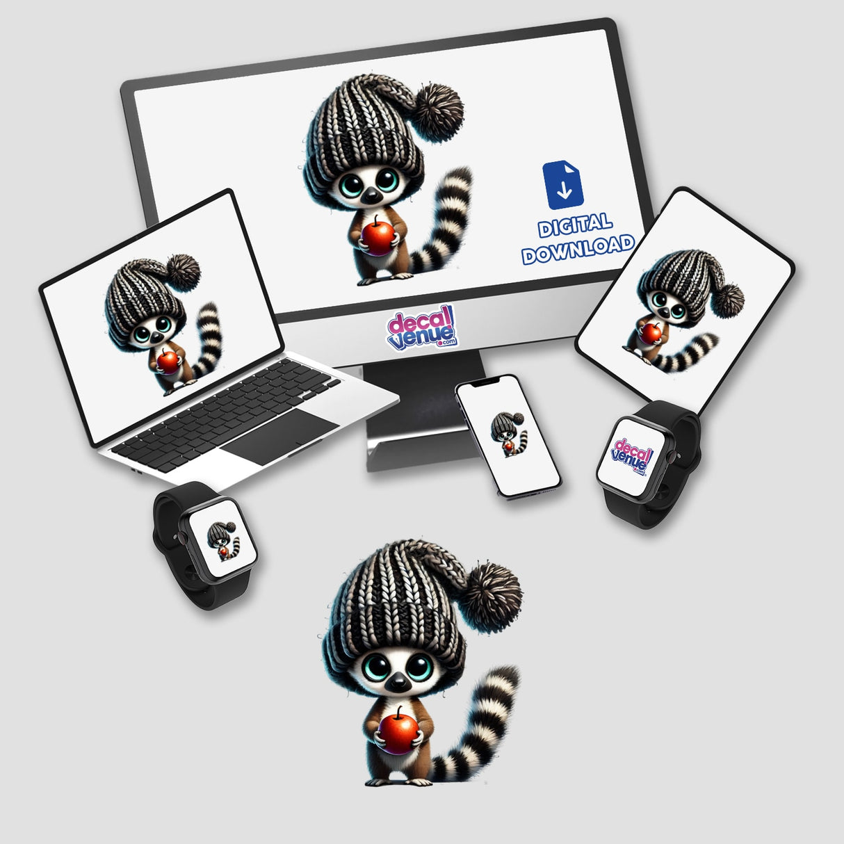 Lemur Gnome Holding Apple depicted on a computer monitor, laptop, and smartwatch, available as stickers or digital artwork.