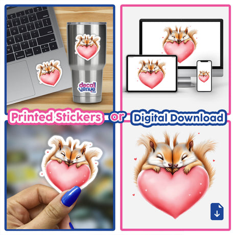 Snuggling Squirrels on a Heart stickers feature two squirrels embracing on a heart, capturing love and friendship, perfect for journals or décor.
