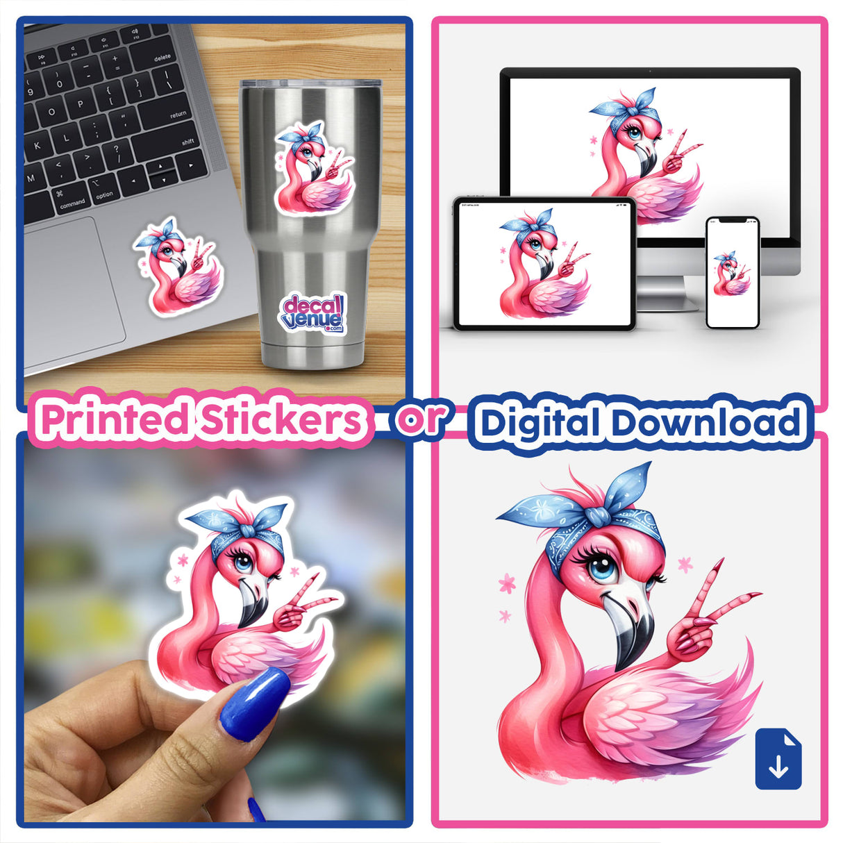 Peace Out Flamingo Bird sticker featuring a cartoon flamingo with a bandana, shown applied on a cup, laptop, and held in hand, available as vinyl sticker or digital art.