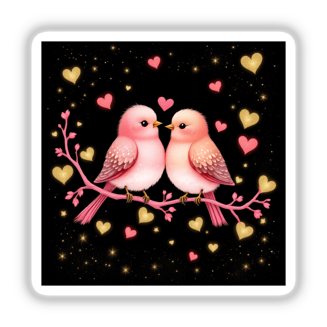 Lovebirds on a Pink Branch with Gold Hearts depicts two birds perched on a branch, designed as stickers or digital artwork, reflecting Decal Venue's unique artistic flair.