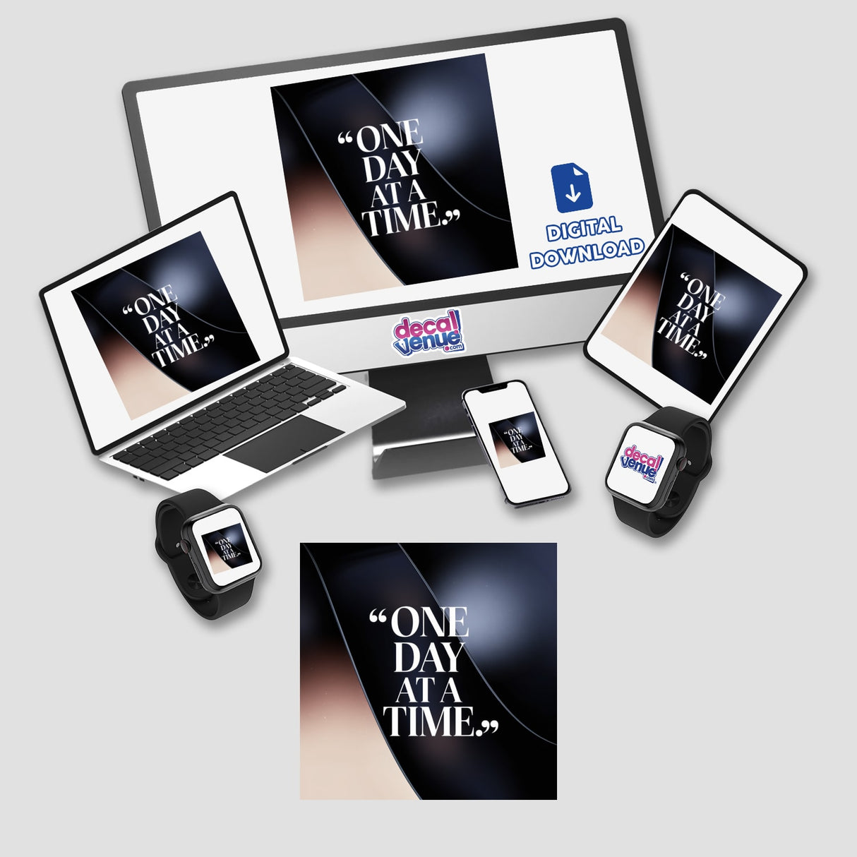 One day at a time sticker or digital artwork, featuring a computer monitor, laptop, and phone, emphasizing modern digital life. Perfect for tech enthusiasts from Decal Venue.