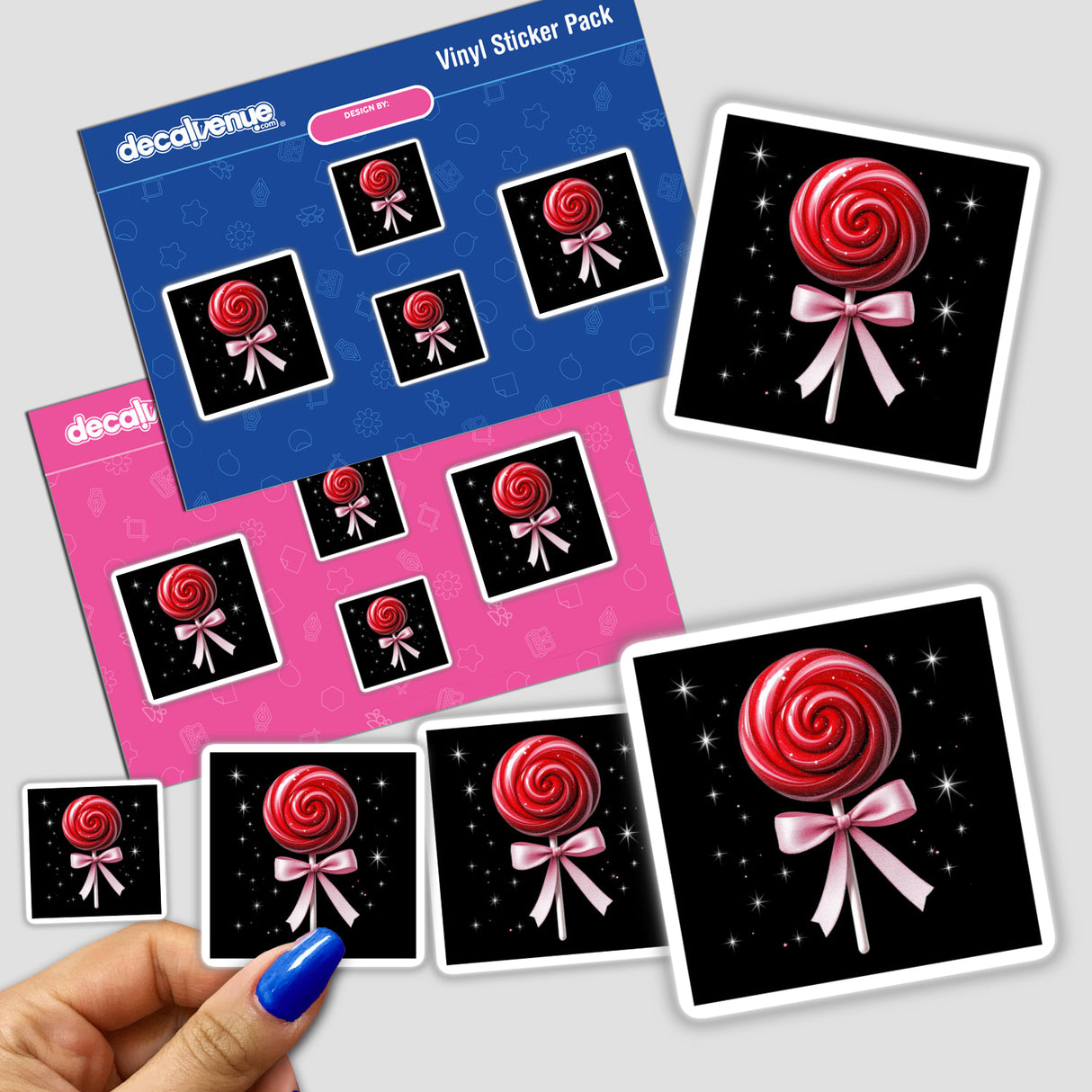 Red Lollipop with Pink Ribbon and Silver Stars sticker, featuring a detailed lollipop design adorned with a pink bow, perfect for unique decor or digital artwork from Decal Venue.
