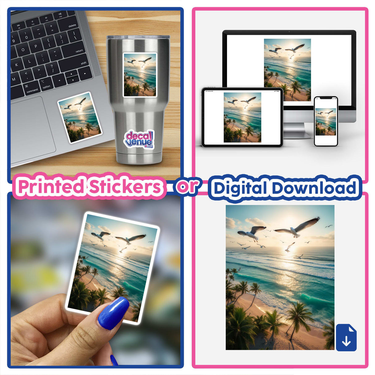 Ocean Breeze Seagulls Over Tropical Beach: A vibrant collage featuring beach scenes and seagulls, available as stickers or digital artwork. Perfect for decorating laptops, phones, and tablets.