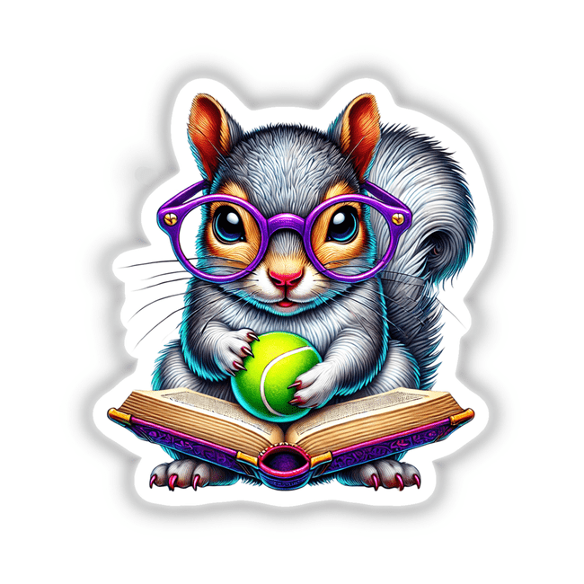 Squirrel Reading a Book with Purple Glasses and Tennis Ball: A whimsical illustration of a squirrel wearing glasses, holding a tennis ball and book, available as stickers or digital artwork from Decal Venue.
