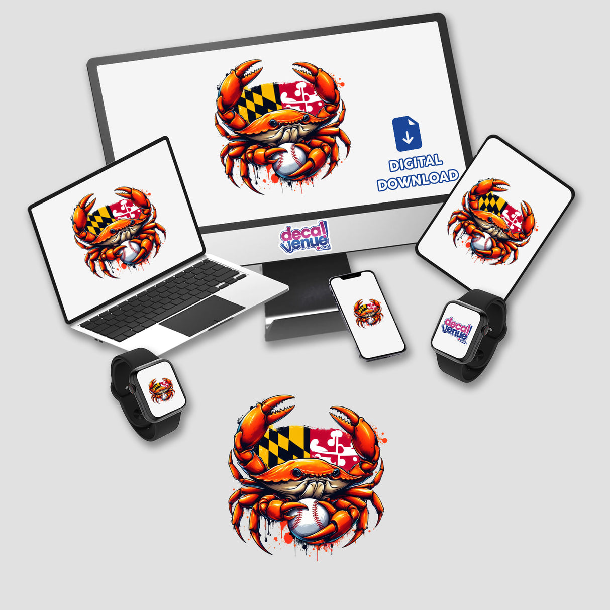 Maryland Flag Crab Splash II digital artwork displayed on multiple devices, featuring a cartoon crab holding a baseball, available as stickers or digital art from Decal Venue.