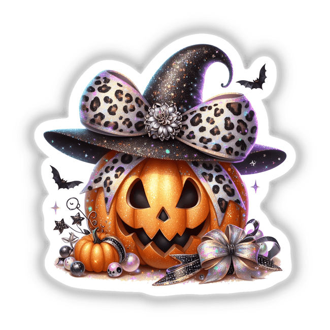 Orange Pumpkin Leopard Coquette Bow Witch Hat, featuring a pumpkin with a stylish hat, leopard print bow, and intricate details, available as stickers or digital artwork from Decal Venue.