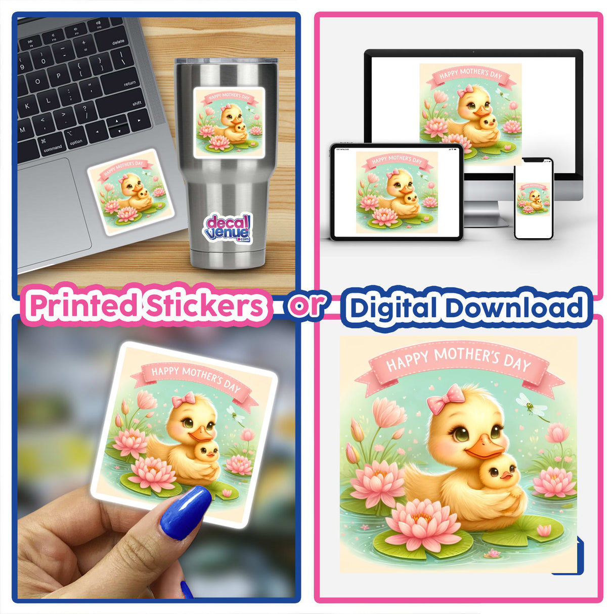 Mothers Day Ducklings with Water Lilies: A collage featuring cartoon ducklings, a laptop with stickers, and a hand holding a duck-themed card, available as stickers or digital artwork.