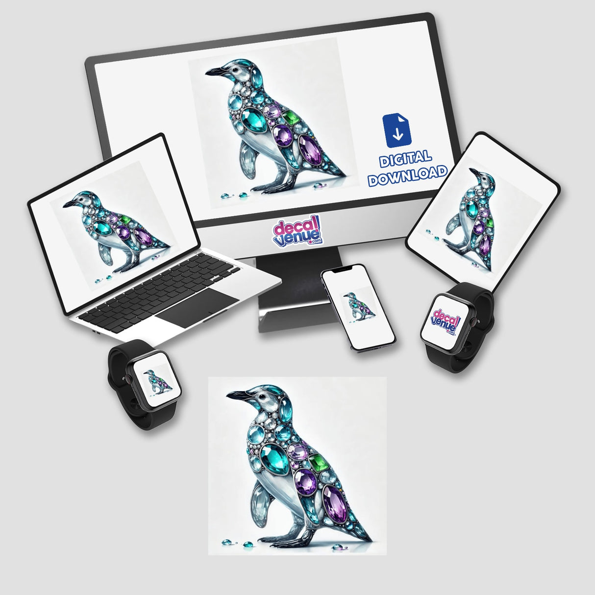 Penguin Jewels and Gemstones displayed on a computer monitor and laptop, showcasing a penguin adorned with gems, available as stickers or digital artwork from Decal Venue.