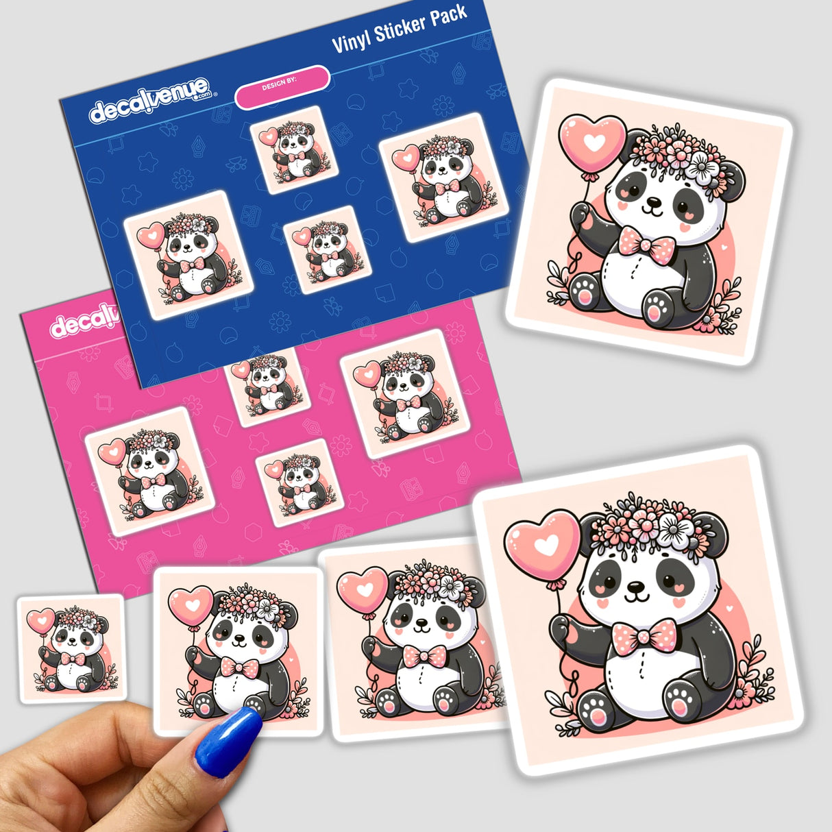 Cute Panda with Flower Crown and Heart Balloon sticker featuring cartoon pandas, some holding balloons, with a close-up of a hand displaying the sticker. Available as stickers or digital artwork.