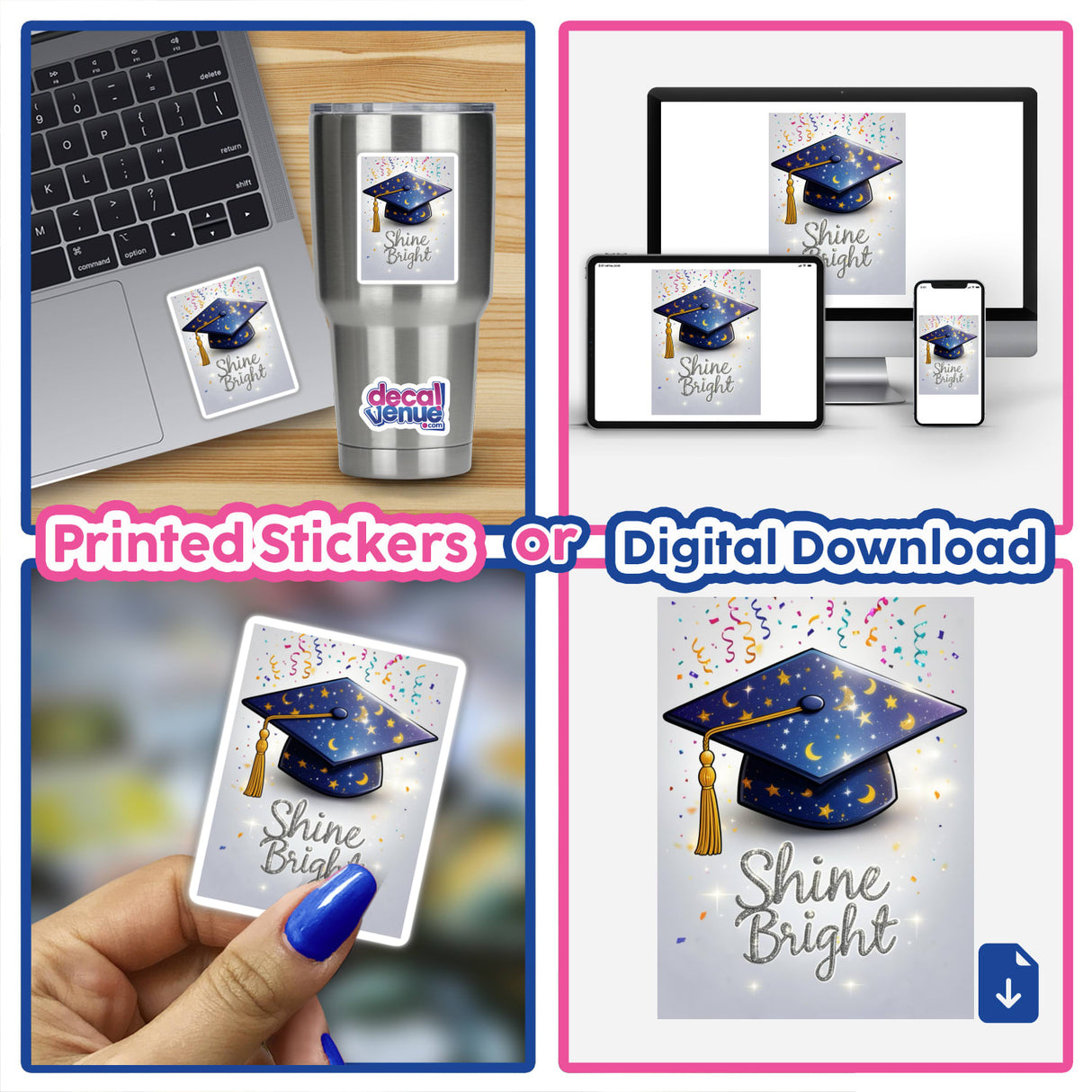Celestial Graduation Cap with Shine Bright text and confetti, available as stickers or digital artwork, celebrates inspirational graduation moments, reflecting Decal Venue's unique vinyl and digital art offerings.
