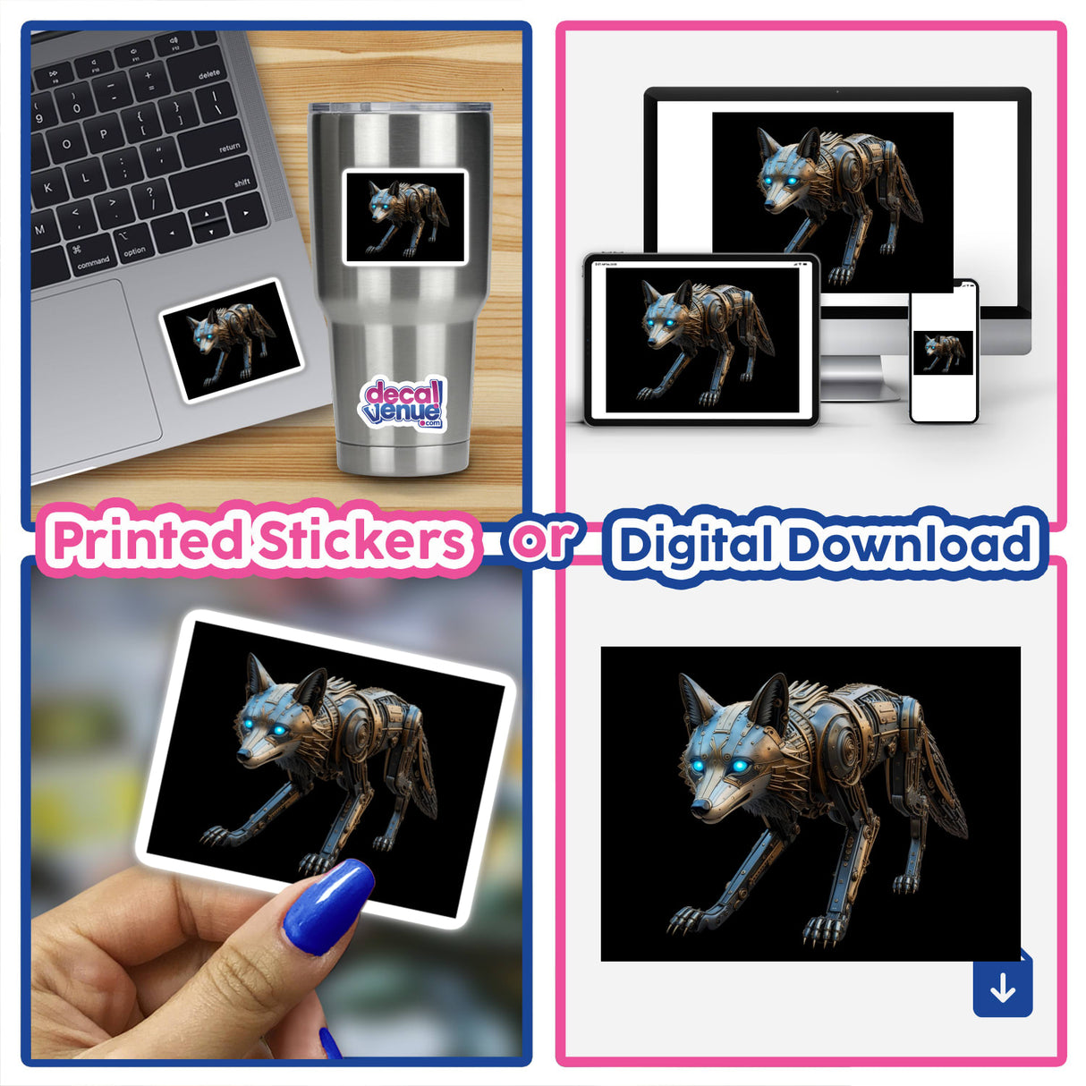 Steampunk Robotic Wolf with Glowing Blue Eyes depicted as a digital artwork. This collage showcases its intricate design, available as stickers or digital downloads from Decal Venue.
