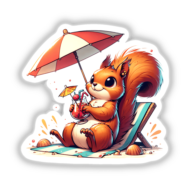 Sunbathing Squirrel Beach Umbrella sticker or digital artwork featuring a cartoon squirrel lounging on a beach chair with an umbrella and drink.