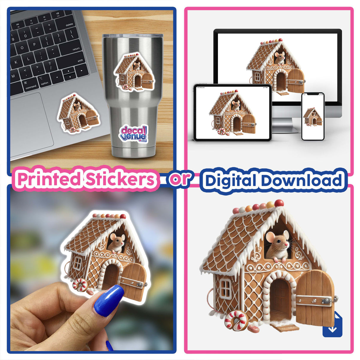 Mouse Peeking Out of a Gingerbread House sticker, showcasing a detailed miniature mouse inside a gingerbread house. Available as stickers or digital artwork.