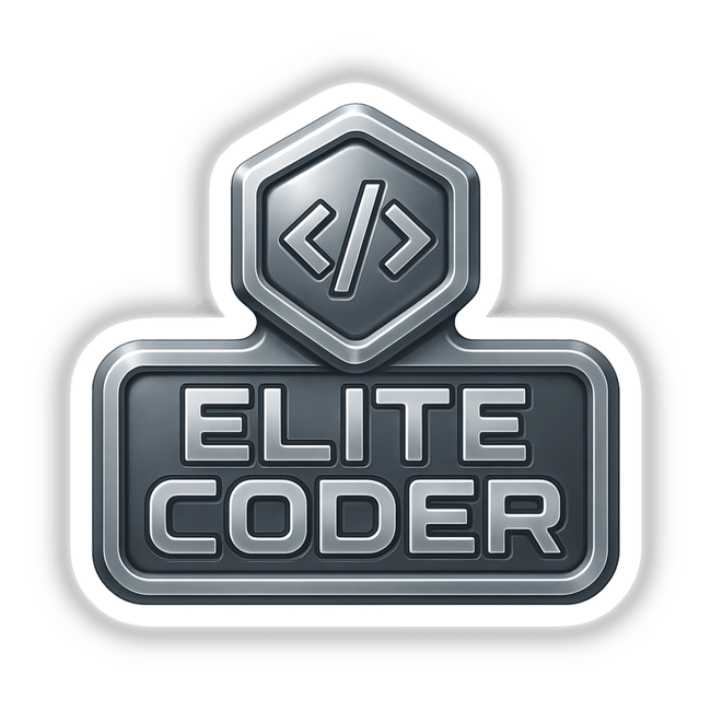 Elite Coder – RPG-Style Skill Badge (Silver Futuristic Emblem): A sleek emblem available as stickers or digital art, showcasing intricate, futuristic design elements, perfect for tech enthusiasts.