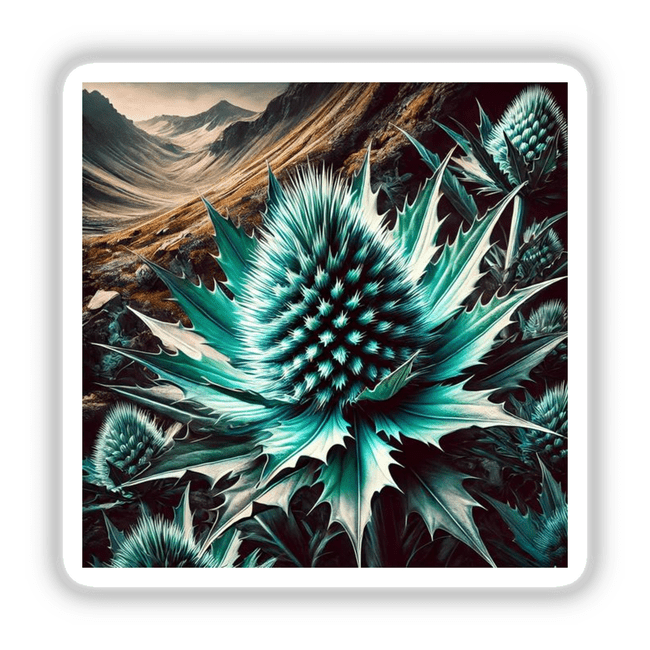Turquoise Thistle with Spiky Petals design, close-up of a unique plant artwork by DecalVenue, available as stickers and digital downloads.