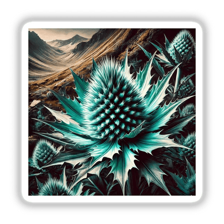Turquoise Thistle with Spiky Petals design, close-up of a unique plant artwork by DecalVenue, available as stickers and digital downloads.