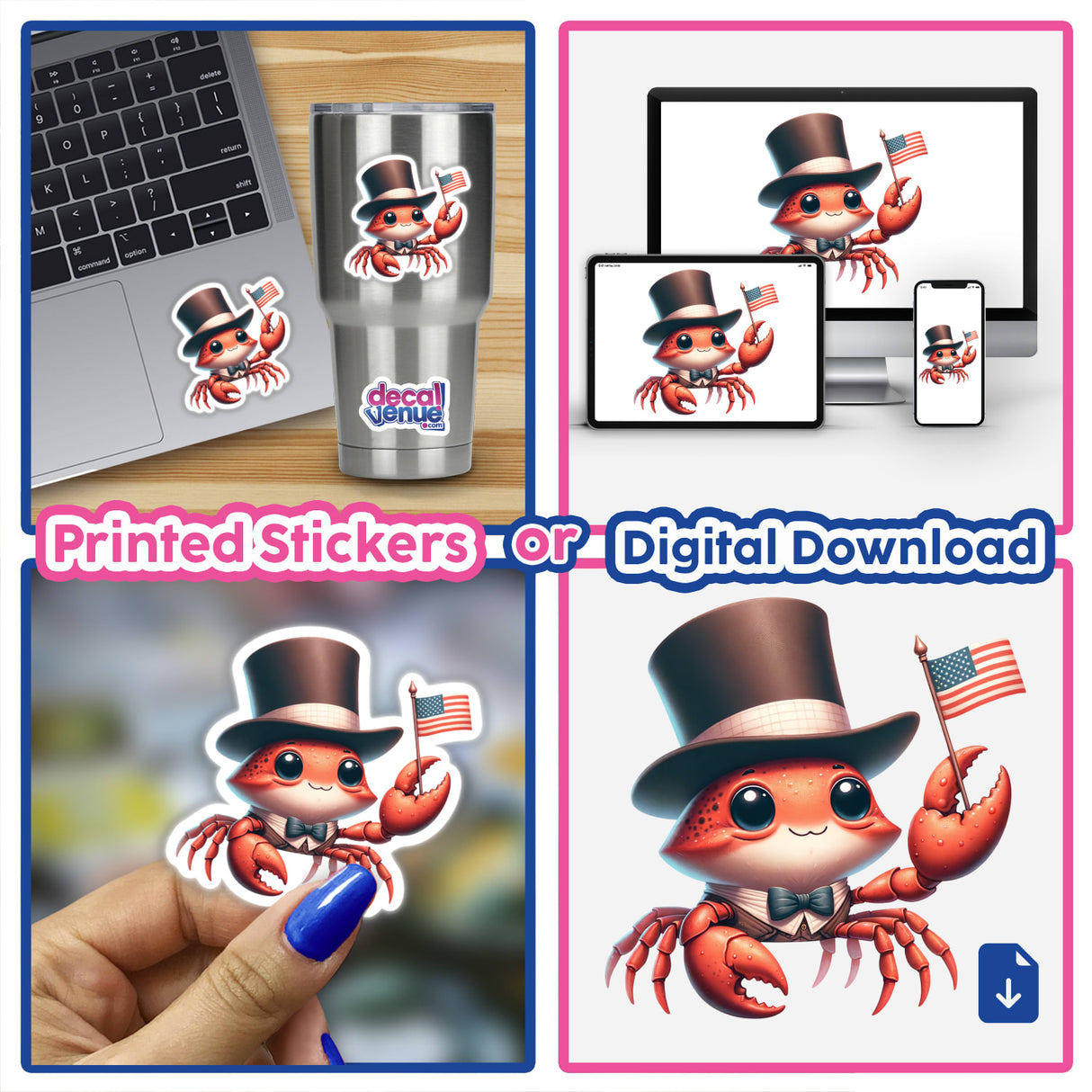 Crab Wearing Top Hat Holding American Flag