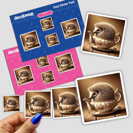 Stickers featuring a hedgehog in an antique teapot, with a hand holding one of the stickers. Available as stickers or digital artwork.